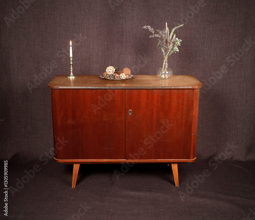 vintage furniture nightstands chests of drawers on gray background photo