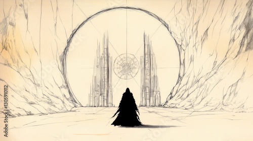 A lone figure in a cloak stands before a massive, ethereal structure.  The scene is rendered in pencil sketch style, creating a mysterious and contemplative mood.