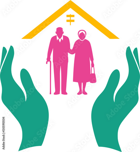 Caring Hands Supporting Elderly Couple Under Home Roof for Security and Well-being Representation in a Symbolic Illustration