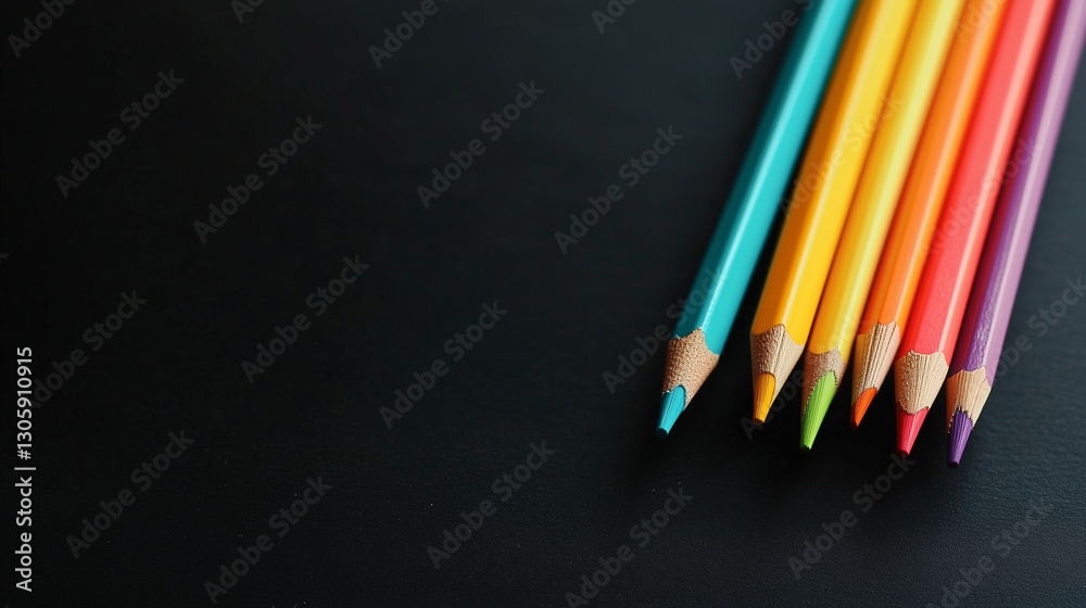 Close-Up of Colorful Pencils Arranged Neatly on a Dark Background Close-Up of Colorful Pencils Arranged Neatly on a Dark Background