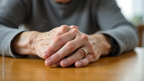 Expressive hands affected by arthrosis of an elderly man on a wooden surface.The concept of age, experience, emotions