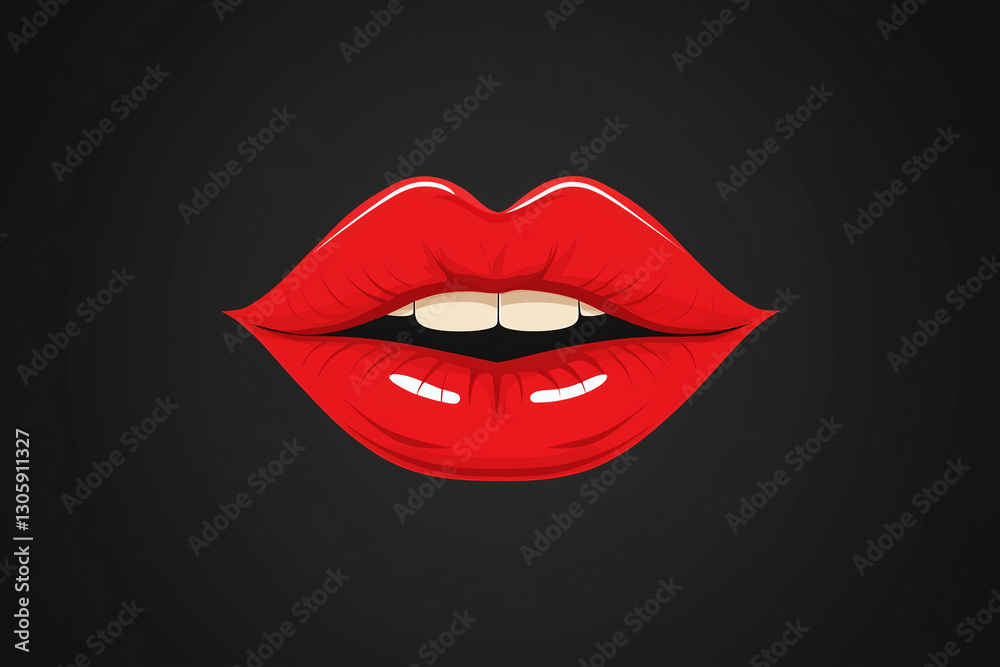 Illustration of red shiny plump lips. Opened female mouth, teeth. Minimal creative concept of cosmetic lip filler treatments or sensual pleasure. Design element. Black background Illustration of red shiny plump lips. Opened female mouth, teeth. Minimal creative concept of cosmetic lip filler treatments or sensual pleasure. Design element. Black background