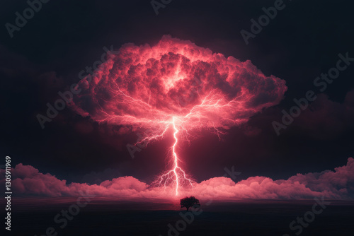 A large red cloud with a lightning bolt in the middle