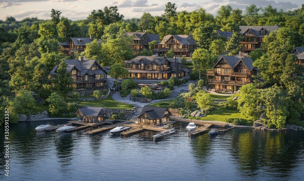 Fototapeta premium Lakeside luxury homes with private docks, boats, forest view, ideal for vacation rentals