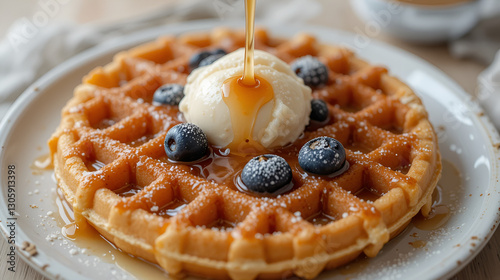 Fresh tasty Viennese waffles with syrup on a plate, close-up, minimalism