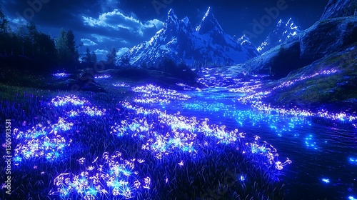 Enchanting Night Bloom Mountain Stream and Luminescent Flowers.