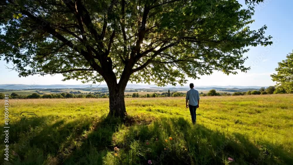 A solitary figure standing under a large broom tree in a lush green field during sunset, with mountains in the background A solitary figure standing under a large broom tree in a lush green field during sunset, with mountains in the background