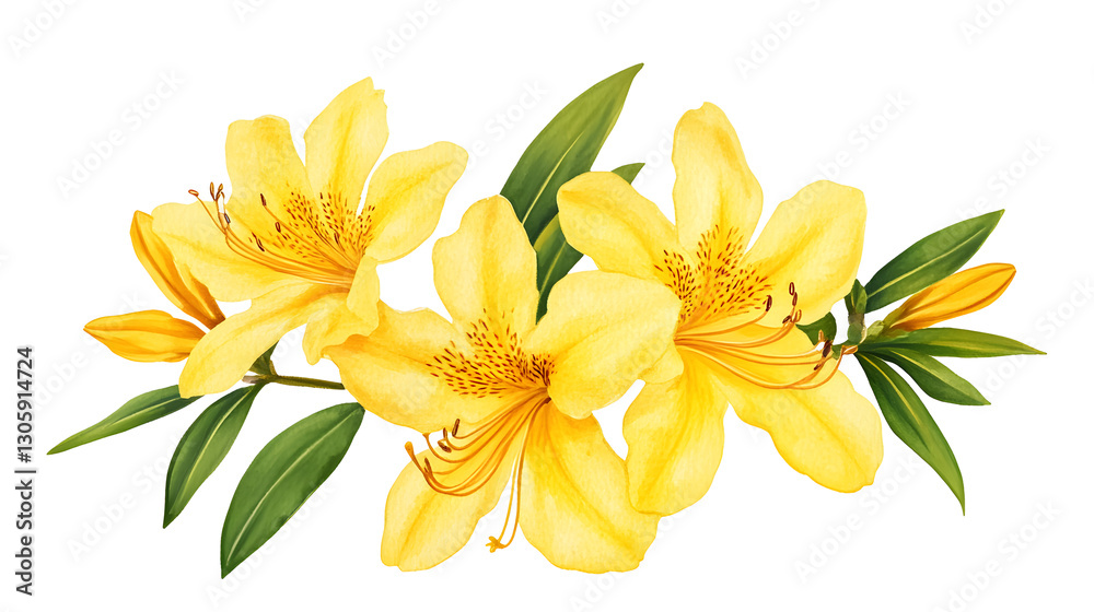 Three yellow flowers with green leaves are arranged in a row Three yellow flowers with green leaves are arranged in a row