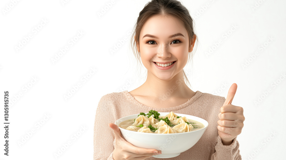 Young Woman Approving Delicious Wonton Soup with a Thumbs-Up Young Woman Approving Delicious Wonton Soup with a Thumbs-Up