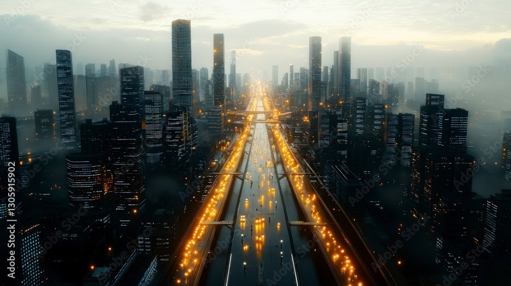 Fototapeta premium Futuristic Cityscape Illuminated Highway Skyscrapers Smart City at Night