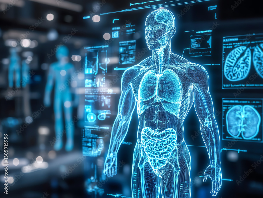 Futuristic view of human anatomy with digital projection and data analysis interface. Futuristic view of human anatomy with digital projection and data analysis interface.