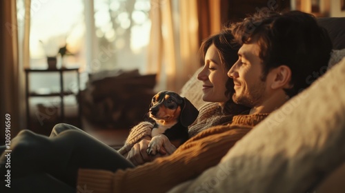 Couple relaxing on couch with dog at sunset
