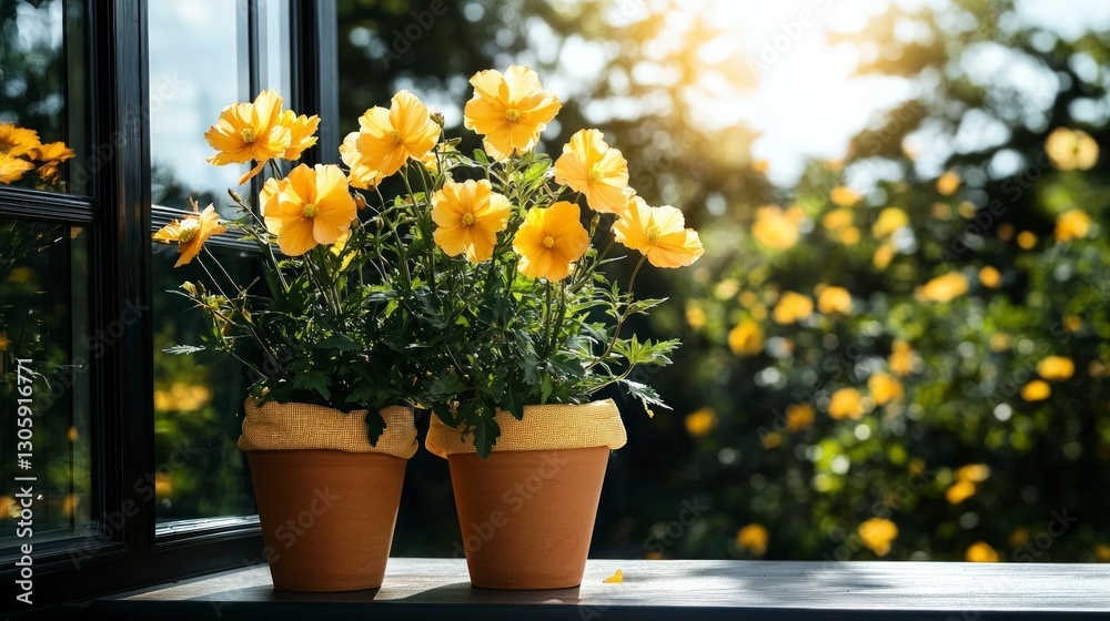Obraz premium Sunny Window Seat with Yellow Flowers in Terracotta Pots