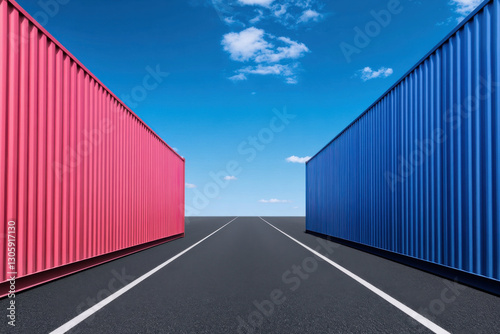 Two blue and red shipping containers are on a road