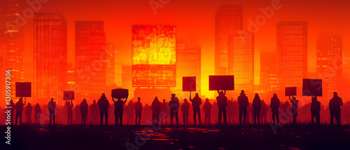 City Protest Sunset Silhouette