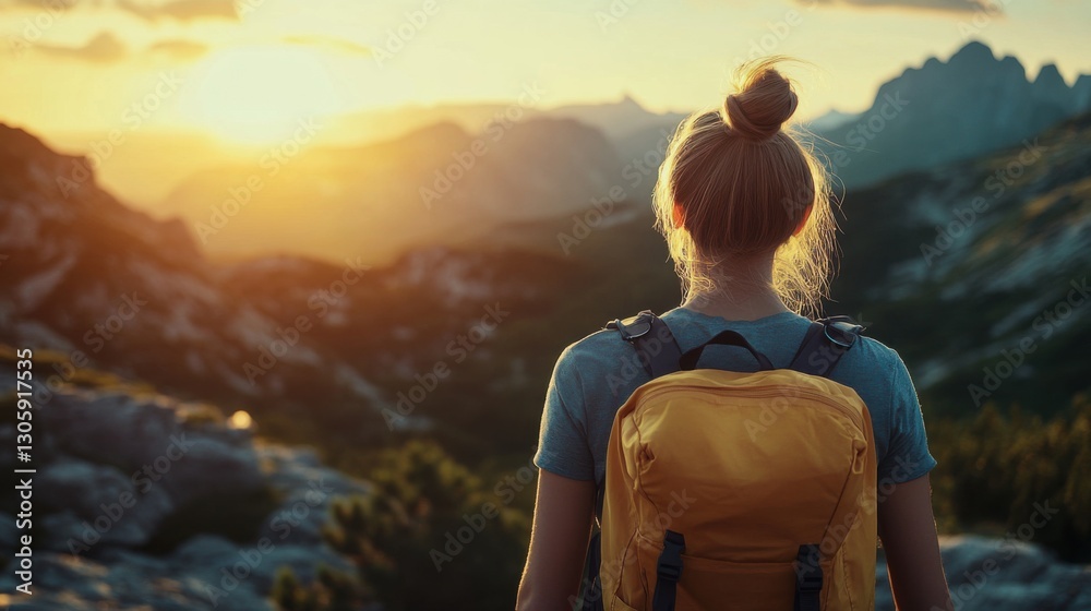 Fototapeta premium Woman backpacker at sunset mountain view