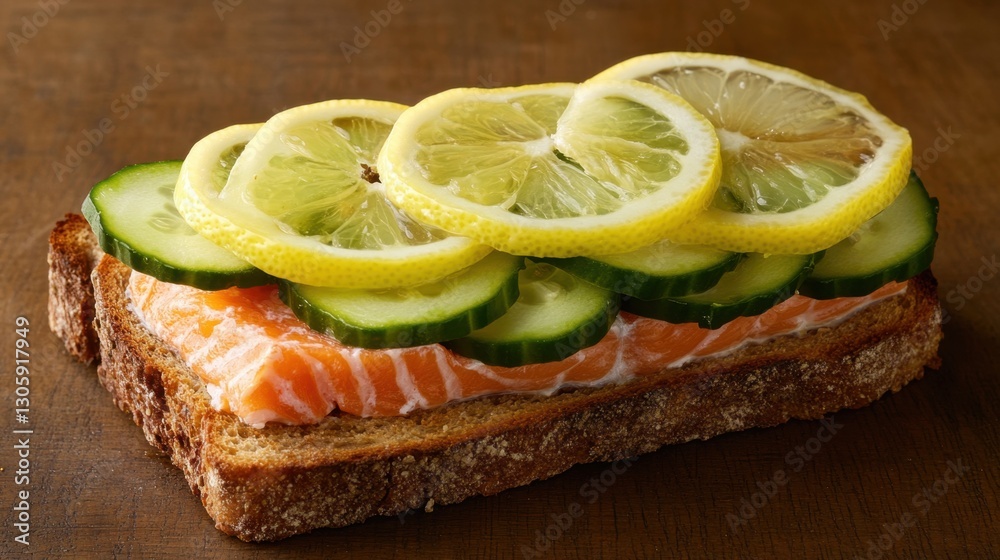 Delicious open-faced sandwich with salmon, cucumber, and lemon slices on crispy whole-grain toast Delicious open-faced sandwich with salmon, cucumber, and lemon slices on crispy whole-grain toast