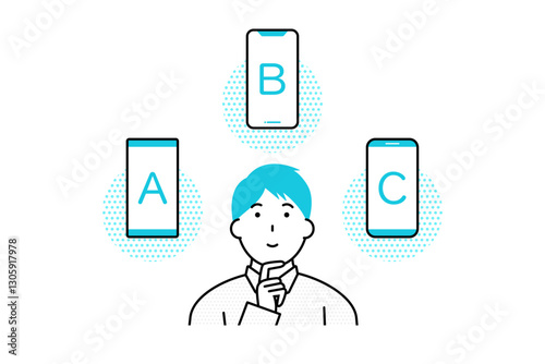 どのスマートフォンを購入するか迷う若い男性のイラスト