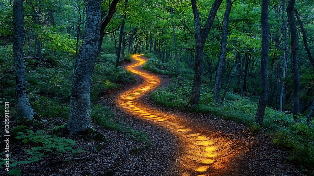Winding forest path bathed in gentle light with footsteps leading forward representing a healing journey Winding forest path bathed in gentle light with footsteps leading forward representing a healing journey