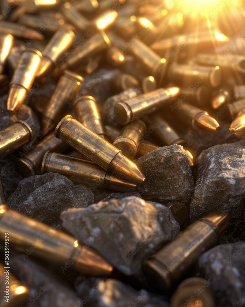 Bullets scattered among rocks with sunlight reflecting off the surface. Bullets scattered among rocks with sunlight reflecting off the surface.