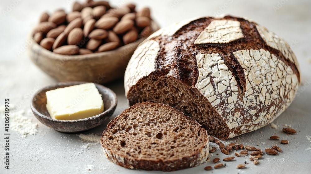 Rustic Bread, Almonds, Butter, Flour Rustic Bread, Almonds, Butter, Flour