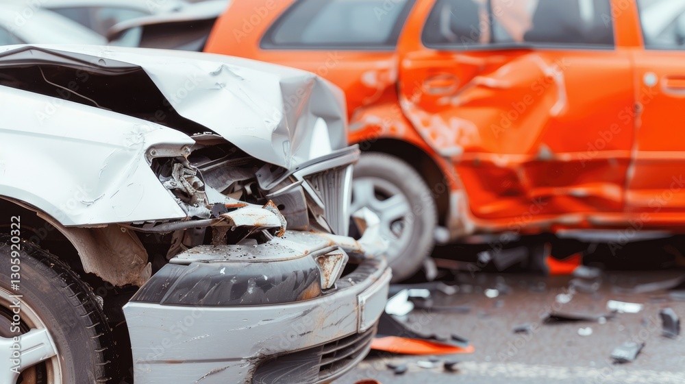 Damaged cars in a collision with scattered debris around them. Damaged cars in a collision with scattered debris around them.