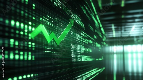 Digital stock market screen displaying a sharp green upward arrow on a financial growth chart