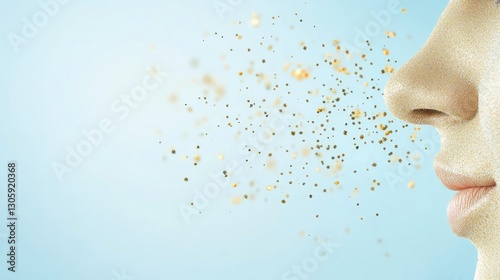 a Nose Surrounded by Pollen Grains on a Light Blue Background, Allergy Concept