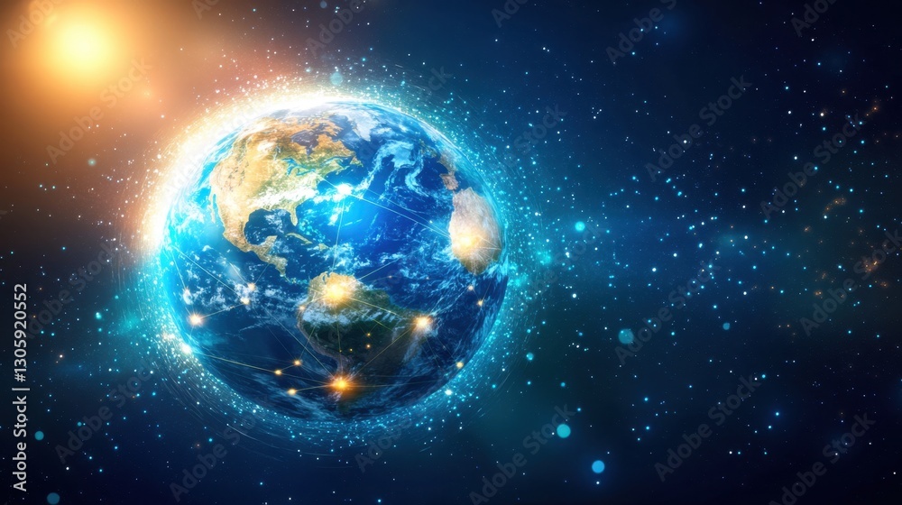 Obraz premium Digital visualization of Earth with moving data lines and connection nodes glowing in space.