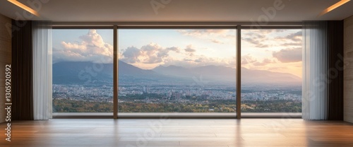 A large floor-to-ceiling window with a balcony overlooking the city  with clouds and mountains in the distance  a clean background