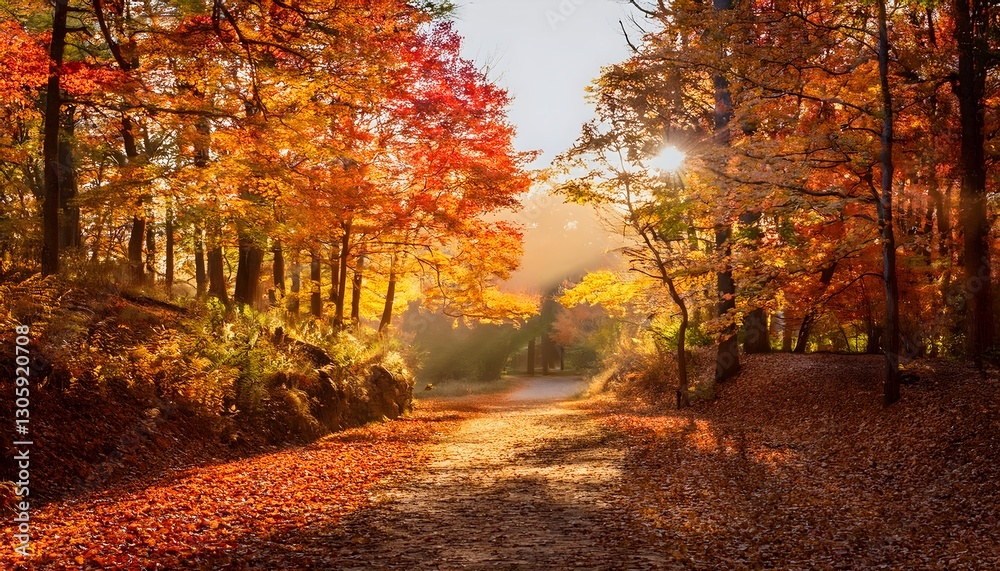 Obraz premium Golden Autumn Pathway Through a Sunlit Forest, Sunlit Forest Pathway Dressed in Fiery Autumn Hues, Tranquil Walkway Amidst Vibrant Autumn Foliage.