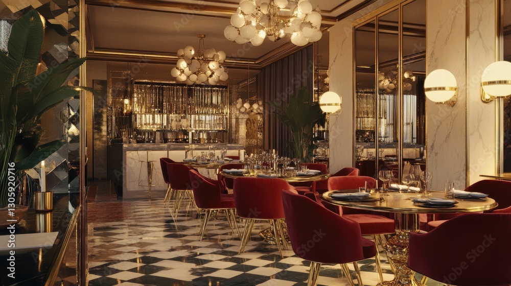 Fototapeta premium Glamorous dining room with mirrored furniture, velvet chairs, and statement chandeliers to create an upscale vibe