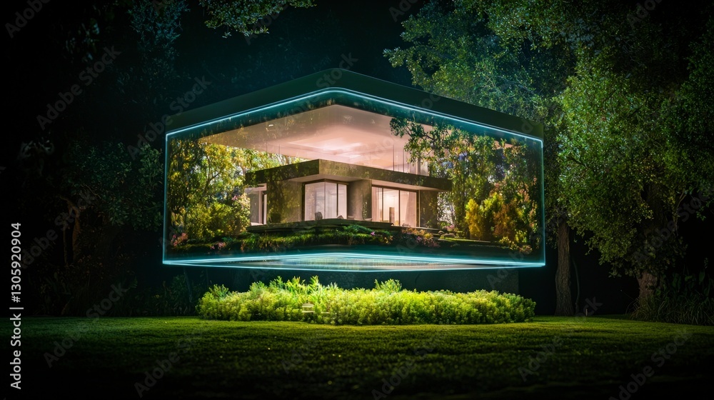 Obraz premium Futuristic Smart Home Hologram Night Scene Modern Architecture Green Landscape