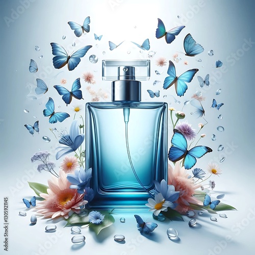 Product photography featuring a perfume bottle surrounded by flowers and butterflies in flight, with a gradient blue glass material, a clean background, and ample white space, creating a high-end feel