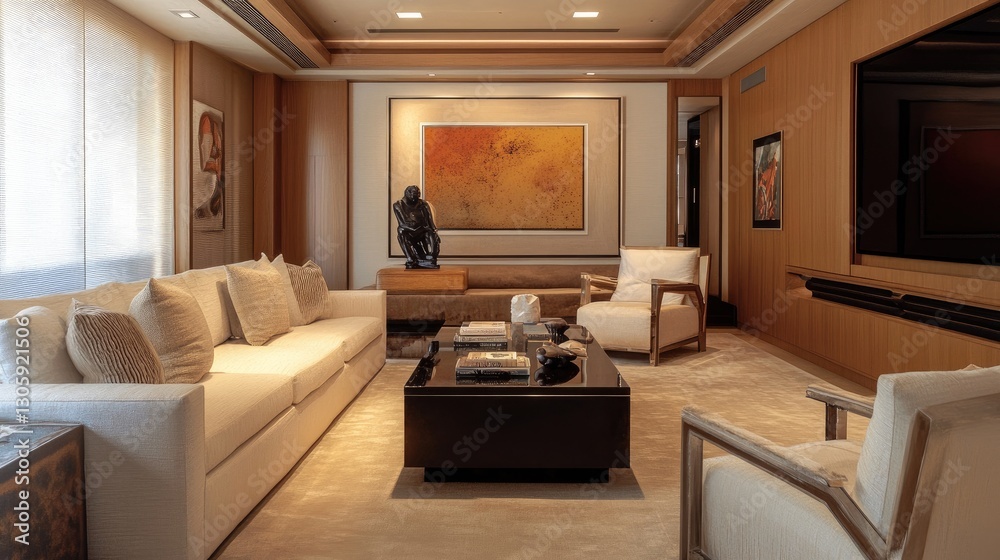 Fototapeta premium Living room with tactile artwork, textured furniture, and a layout that accommodates guide dogs or service animals