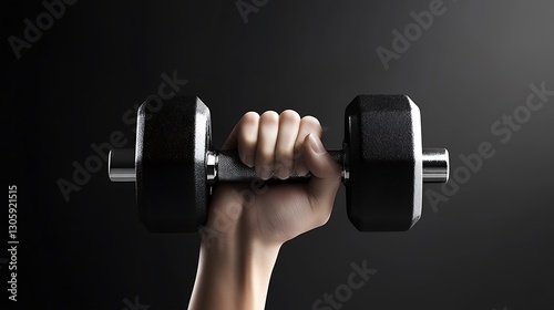 Strong hand gripping a heavy black dumbbell against a dark background showcasing power and determination in fitness