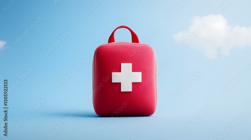Bright Red First Aid Kit with White Cross Symbol Against Blue Background with Clouds