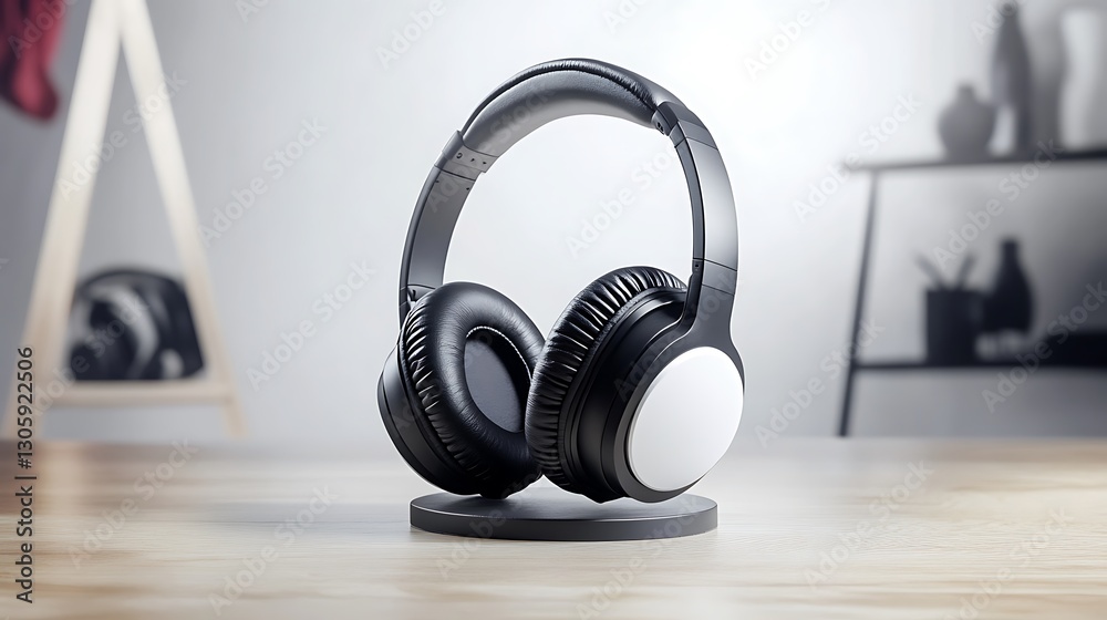Modern Wireless Headphones on a Stylish Stand with Soft Lighting and Minimalist Background Design Modern Wireless Headphones on a Stylish Stand with Soft Lighting and Minimalist Background Design