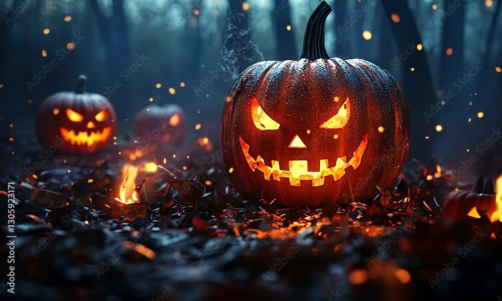 Two illuminated jack-o'-lanterns in a spooky forest at night with glowing particles. Two illuminated jack-o'-lanterns in a spooky forest at night with glowing particles.