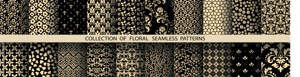 Fototapeta premium Geometric floral set of seamless patterns. Golden and black vector backgrounds. Damask graphic ornaments
