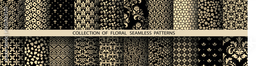 Geometric floral set of seamless patterns. Golden and black vector backgrounds. Damask graphic ornaments