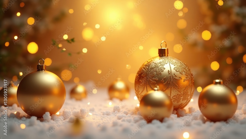Sparkling Gold Christmas Ornaments on Snow with Festive Lights Sparkling Gold Christmas Ornaments on Snow with Festive Lights