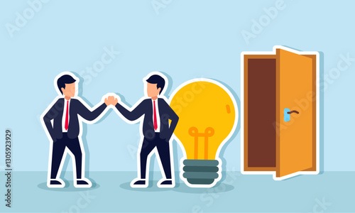 Two businessmen shake hands in front of a door beside a lamp, illustration of an agreement in the transition of creative workers to fresh graduates