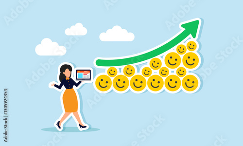 Businesswoman holds a laptop while standing beside a rising chart made of stacked happy emoticons, illustration of a business presentation on strategies to increase market attention
