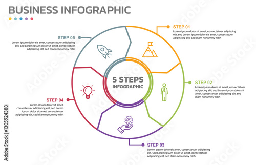 Visual data presentation. Cycle diagram with 5 options. Pie Chart Circle thin line infographic template with 5 steps, options, parts, segments. Business concept. Marketing infographic outline style.