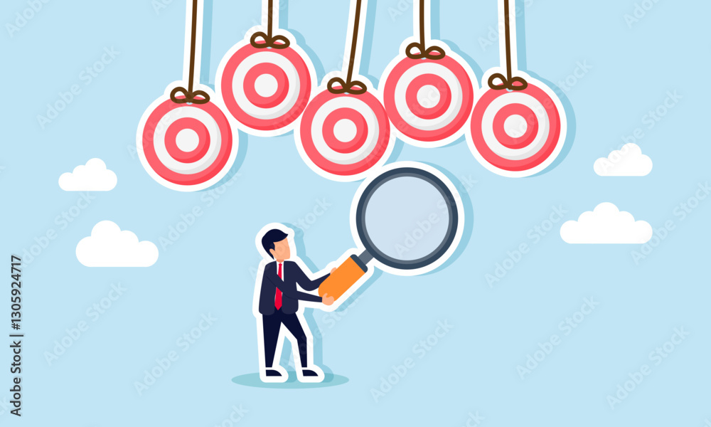 Businessman holds a magnifying glass to observe hanging target boards, illustration of business analysis and evaluation for risk mitigation and target planning Businessman holds a magnifying glass to observe hanging target boards, illustration of business analysis and evaluation for risk mitigation and target planning