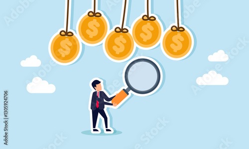 Businessman holds a magnifying glass to observe hanging dollar coins, illustration of business analysis and evaluation for risk mitigation and financial planning