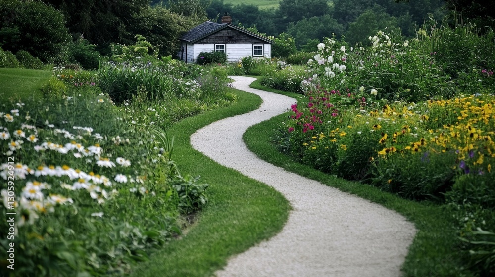 Fototapeta premium Serene Cottage Garden Path Blooming Flowers Winding Walkway Tranquil Landscape