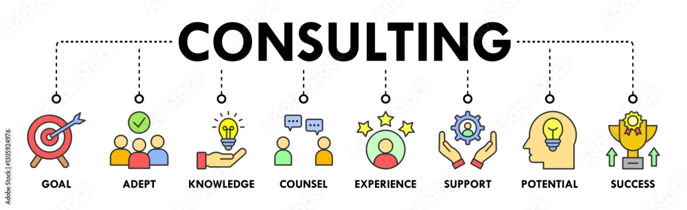 Consulting banner web icon vector illustration concepts for business consulting with an icons set of goal, adept, knowledge, counsel, experience, support, potential, success Consulting banner web icon vector illustration concepts for business consulting with an icons set of goal, adept, knowledge, counsel, experience, support, potential, success