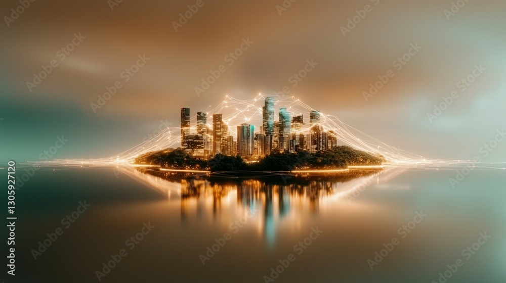 Naklejka premium Futuristic Smart City Island AI Cloud Computing Network